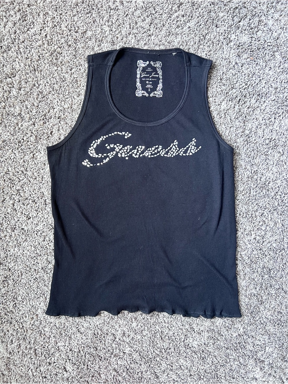 Guess Black Ribbed Tank with Crystal Logo Script